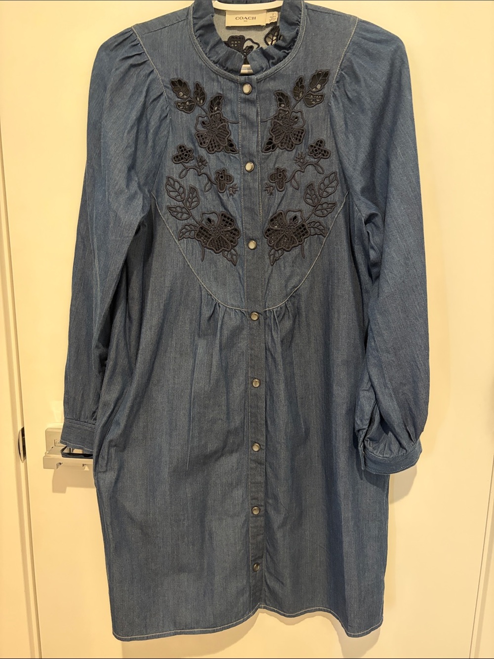Coach Denim Long-Sleeve Button Front Dress with Black Embroidery